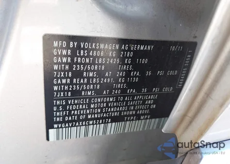 2012 Volkswagen Tiguan Se z USA, uszkodzony, nr VIN WVGAV7AX6CW528178